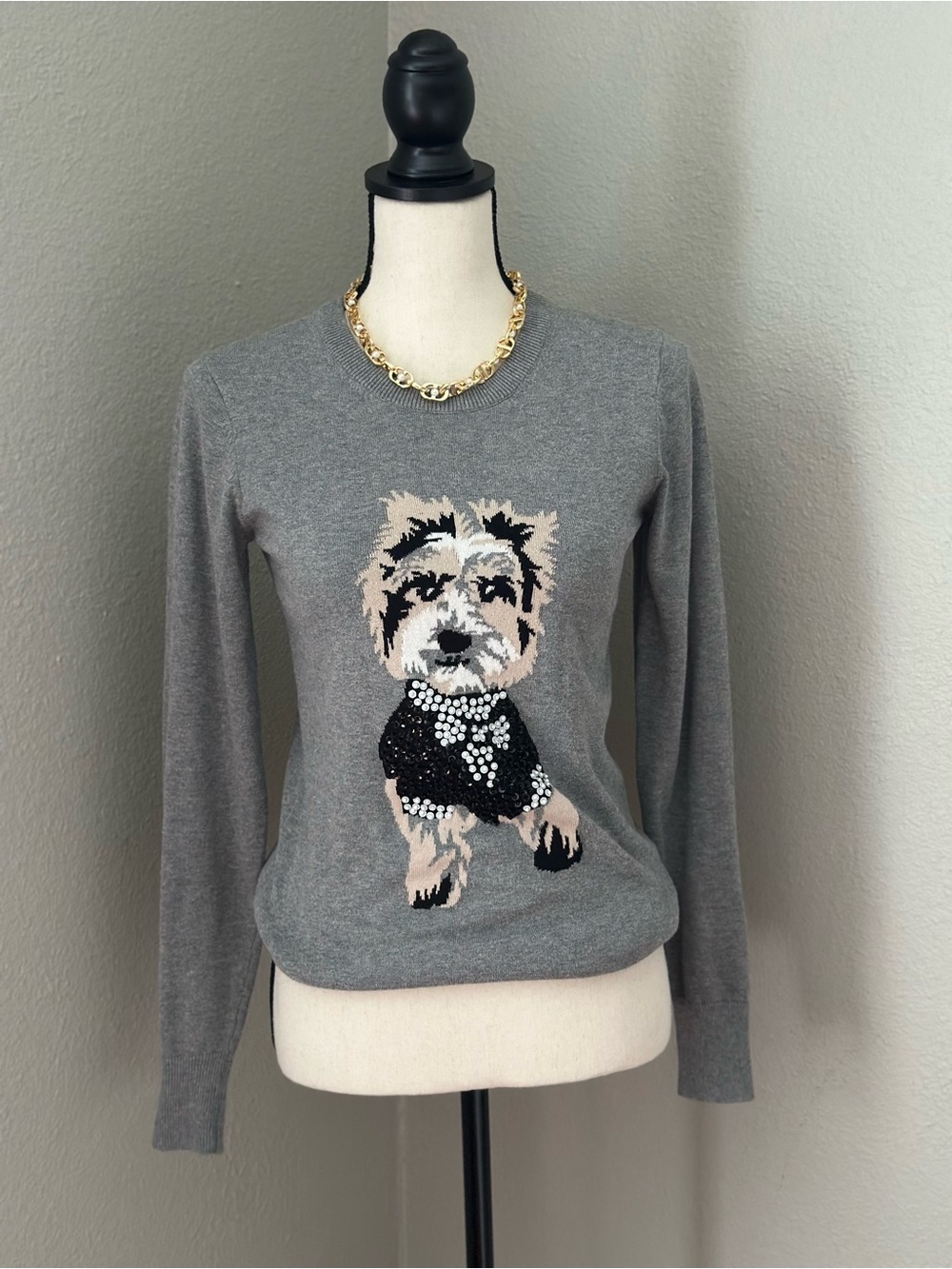 French Connection Gray Knit Sweater with Sequin Doggy Print